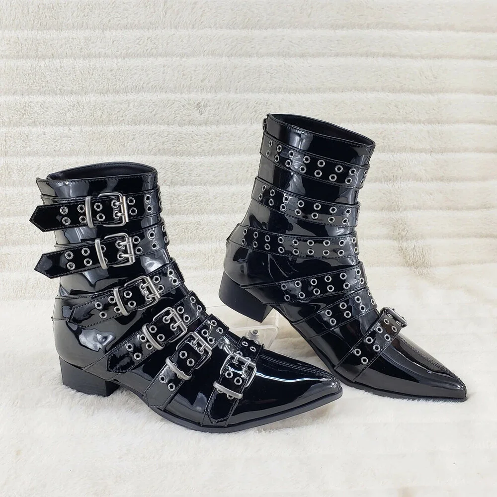 NIB DEMONIA Wicked Warlock 70 Multi Strap Winklepicker Ankle Boots Men's Patent